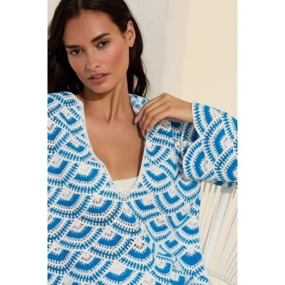 NWT!! Anthropologie CELANDINE Crochet Long Sleeve Mini Kaftan Cover-Up Mini M/L - Picture 6 of 16